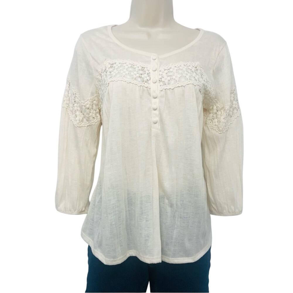 Cream Crochet Trim Henley Style Pop Over Top Scoop Neck Button Trim Loose fit